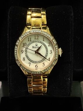 Bulova Gold-Tone Women's Watch with Crystal Accents and Mother-of-Pearl Dial